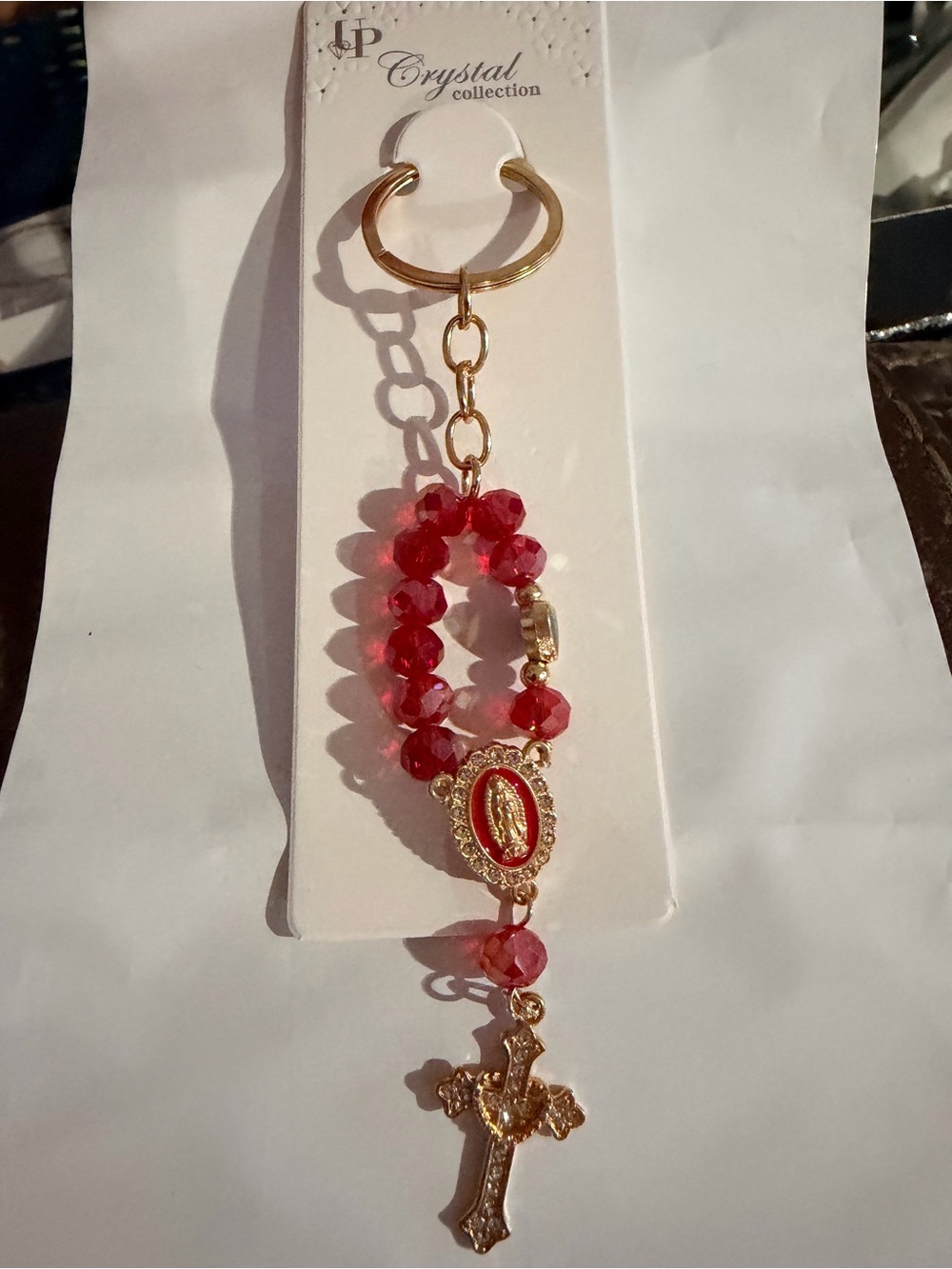Gold-Tone Red Rosary Keychain